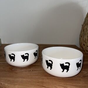 2 Waechtersbach Germany Black Cat Kitten Stoneware Ceramic Food Water Bowls READ
